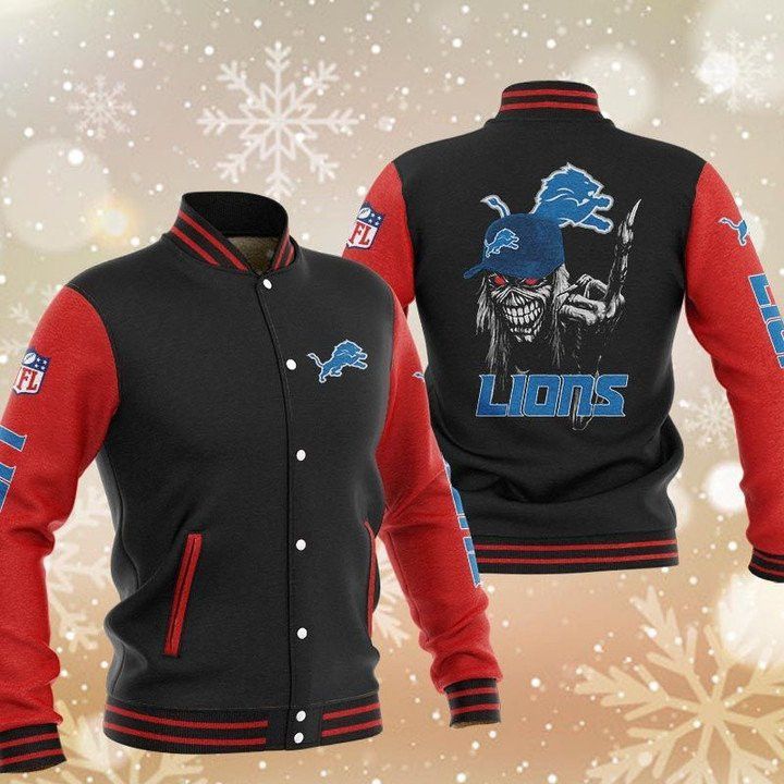 Nfl Detroit Lions Black Red Iron Maiden Baseball Jacket - Behindgift